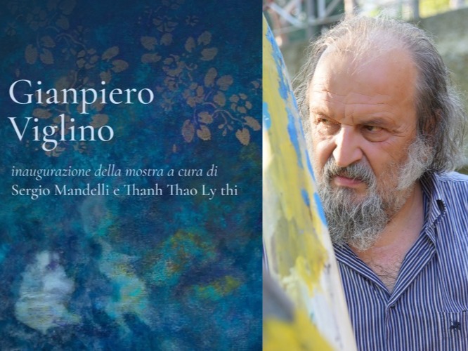 PROVINCIA GRANDA - L’artista Viglino di Dogliani con la locandina della mostra Oltre il fiume