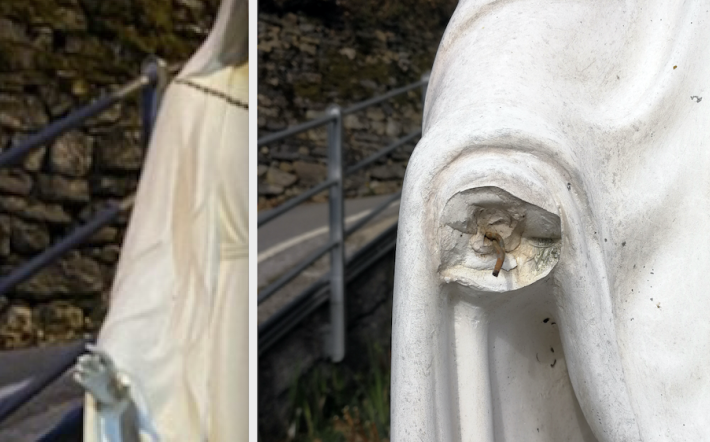 Frabosa Sottana: mozzata la mano destra della statua della Madonna in frazione Miroglio. L’associazione San Biagio: «Temiamo sia un gesto satanico»