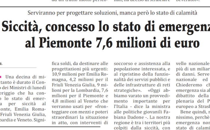 Siccità, risorse per combatterla: 7,6 milioni di euro al Piemonte, quasi 2 a Mondovì e Mondo Acqua