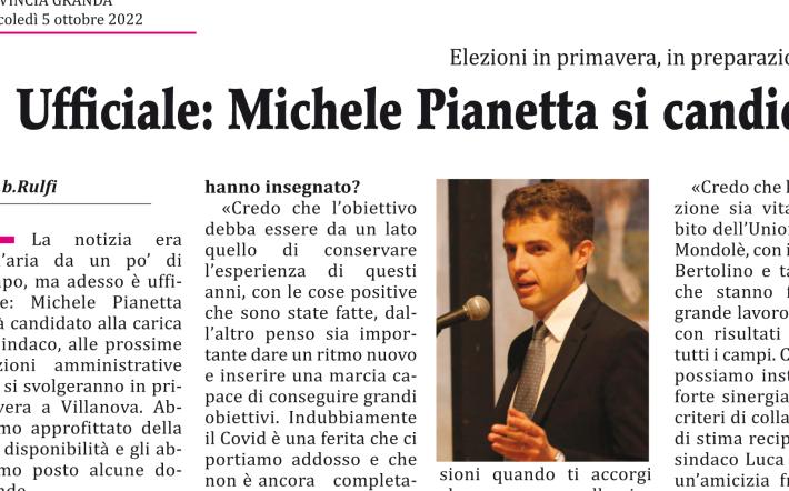 Ufficiale a Villanova Mondovì: Michele Pianetta si candida alla carica di sindaco