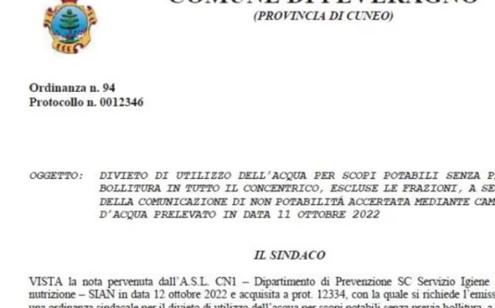 Peveragno: divieto d’uso dell’acqua potabile che in centro  