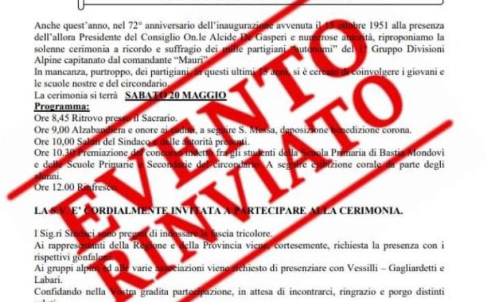 Il maltempo fa rinviare anche l'annuale cerimonia al Sacrario Partigiano di Bastia