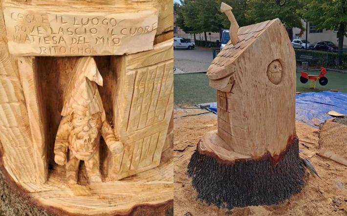 Dogliani: il tronco dell’albero tagliato nel giardino della Materna diventa una casetta degli gnomi