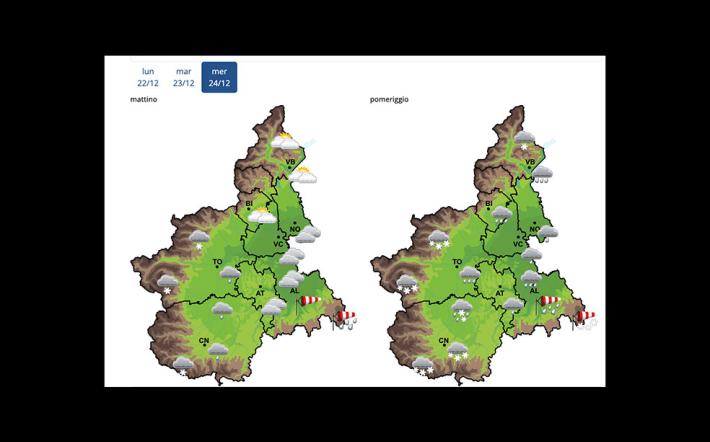 Arpa Piemonte: allerta gialla per neve e valanghe. Attenuazione il 23 dicembre, &ldquo;ripresa&rdquo; per la vigilia di Natale