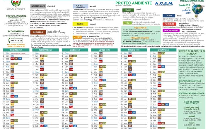 Disponibile il nuovo calendario di raccolta rifiuti valido per il primo semestre 2026
